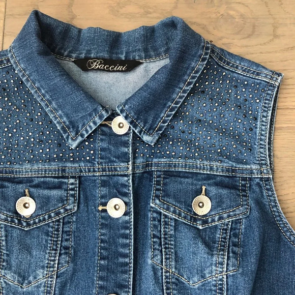 Baccini Button Down Denim Med Wash Jean Vest w Beaded Yoke Blue Sz M - no tags - Picture 3 of 10